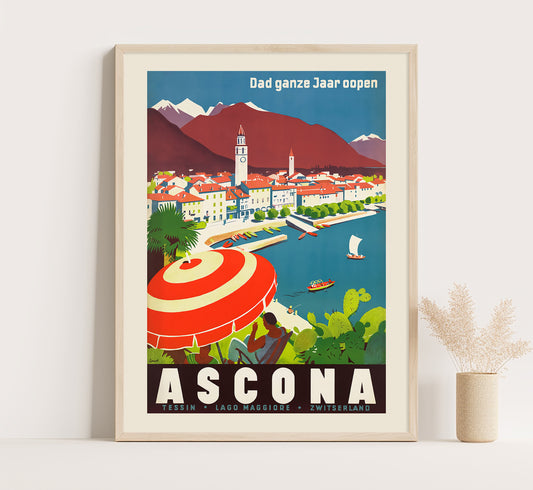 Ascona, Dad ganze Jaar oopen, Switzerland vintage travel poster by A. Trüb & Cie.