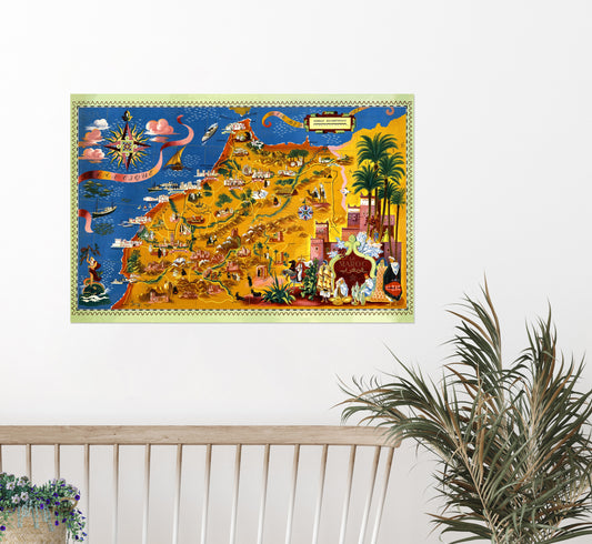 Map of Morocco vintage poster by Lucien Boucher, 1940s.