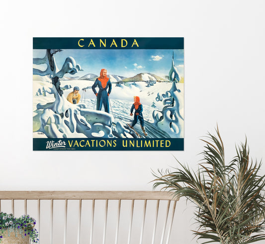 Canada Winter Vacations Unlimited vintage travel poster, Vintage Skiing Print by Leslie Capped, 1947.