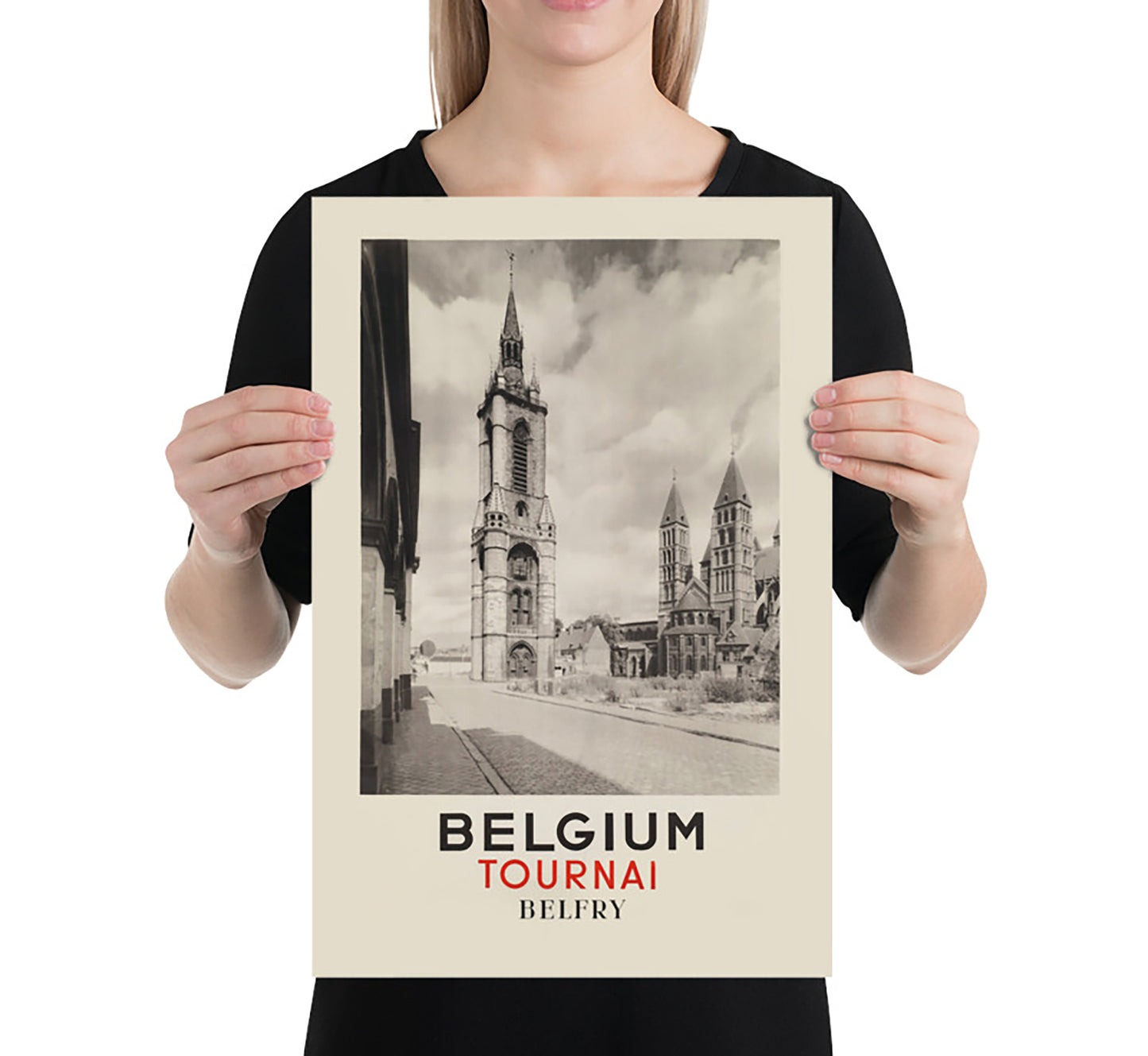 Tornai, Belfry, Belgium vintage travel poster by Sergijsels, c. 1910-1959.