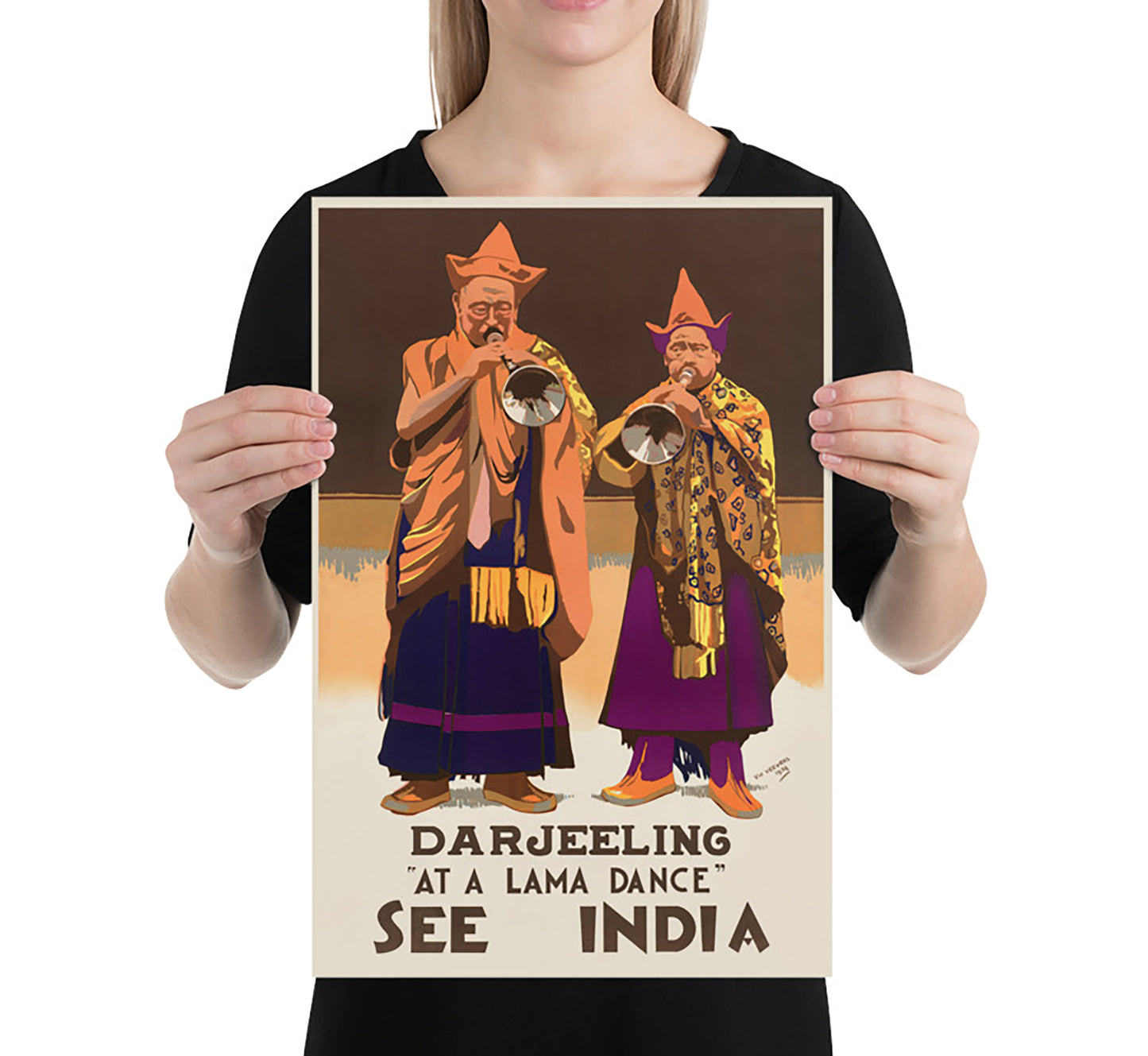 Darjeeling at a lama dance, See India vintage travel poster by Vic Veevers, 1934.