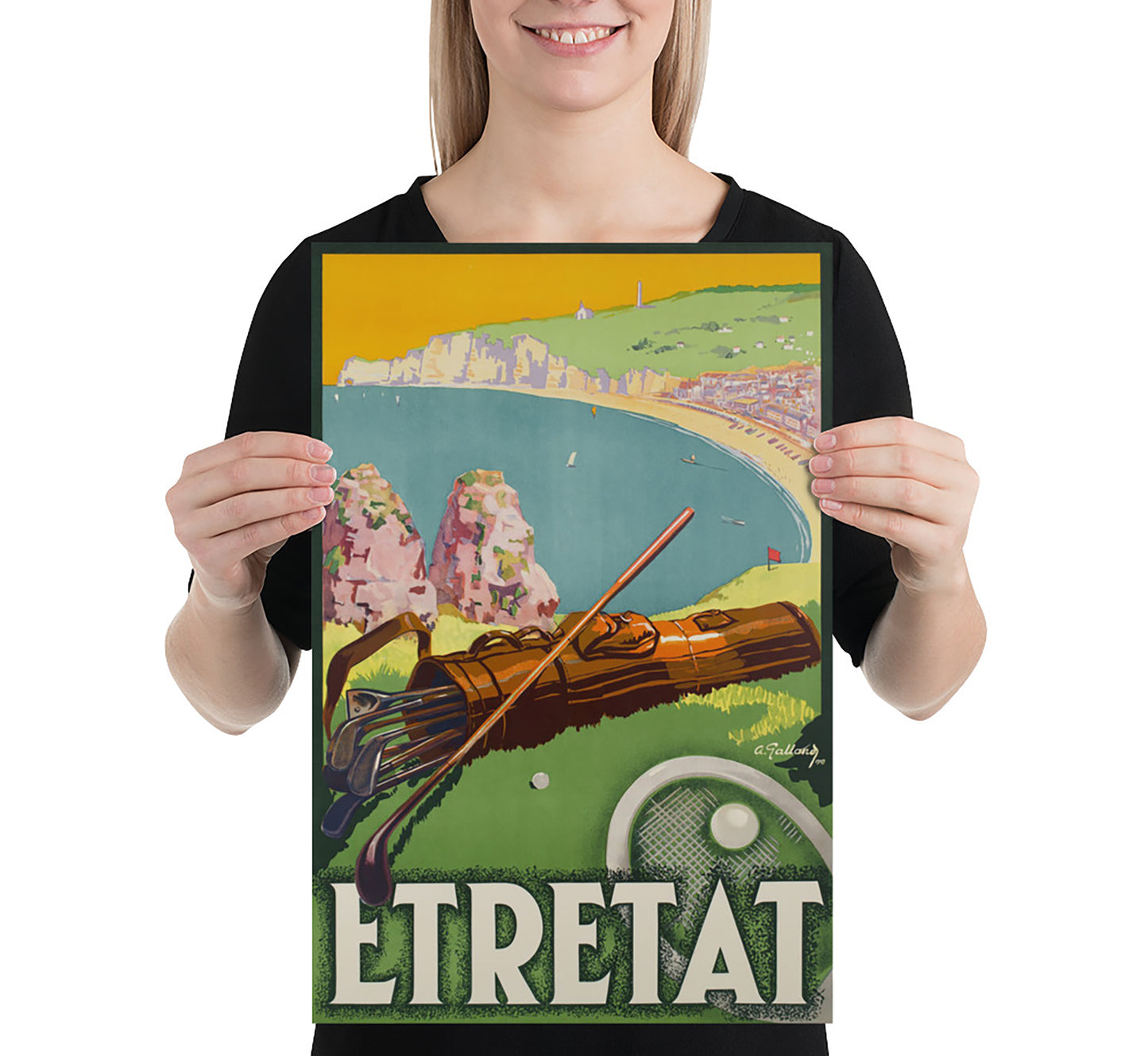 Etretat, Normandy, France vintage travel poster by A. Galland, 1929.