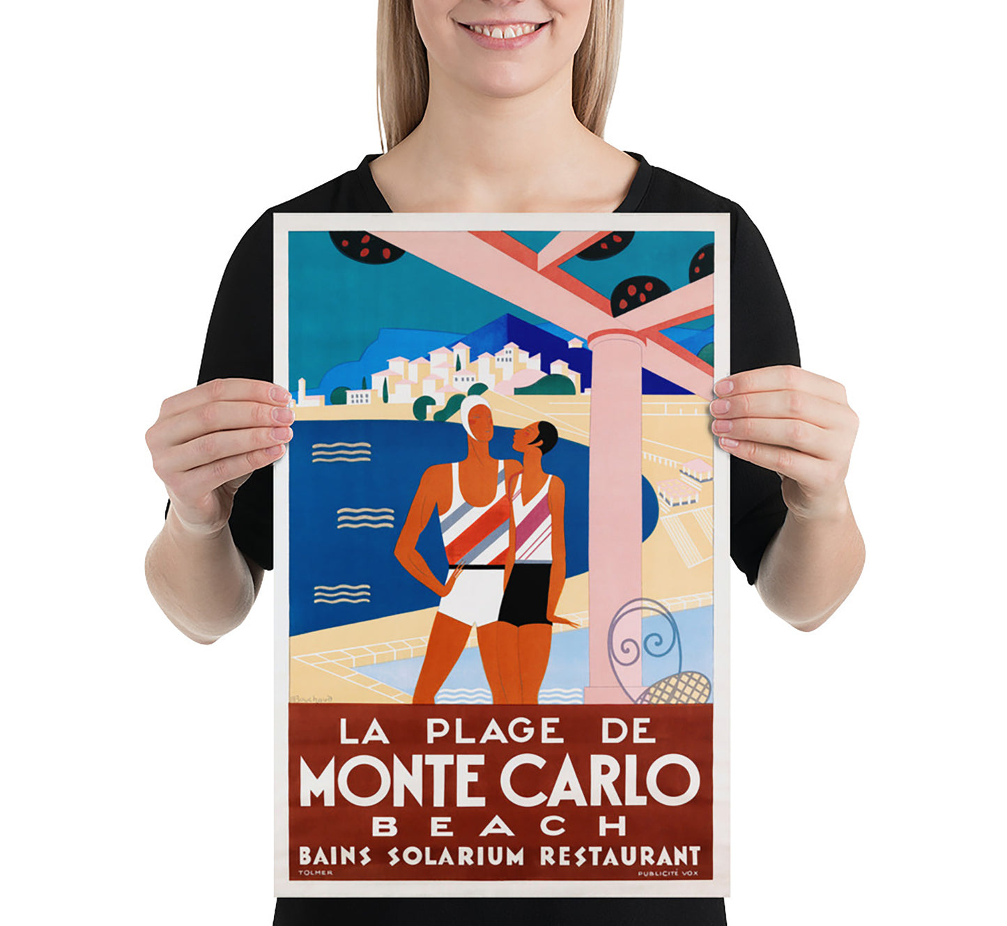 Monte Carlo beach Monaco vintage poster by Michel Bouchaud, 1929.