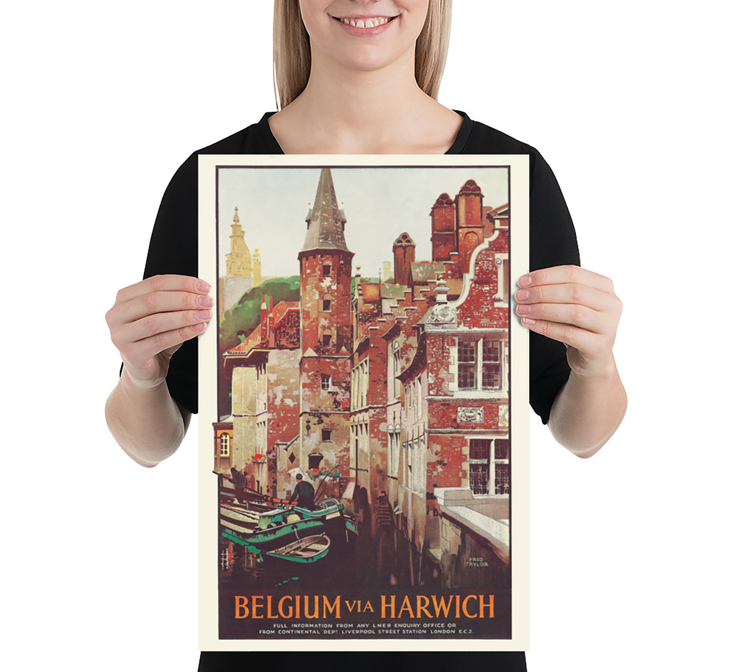 Belgium via Harwich vintage travel poster by Fred Taylor, 1924.