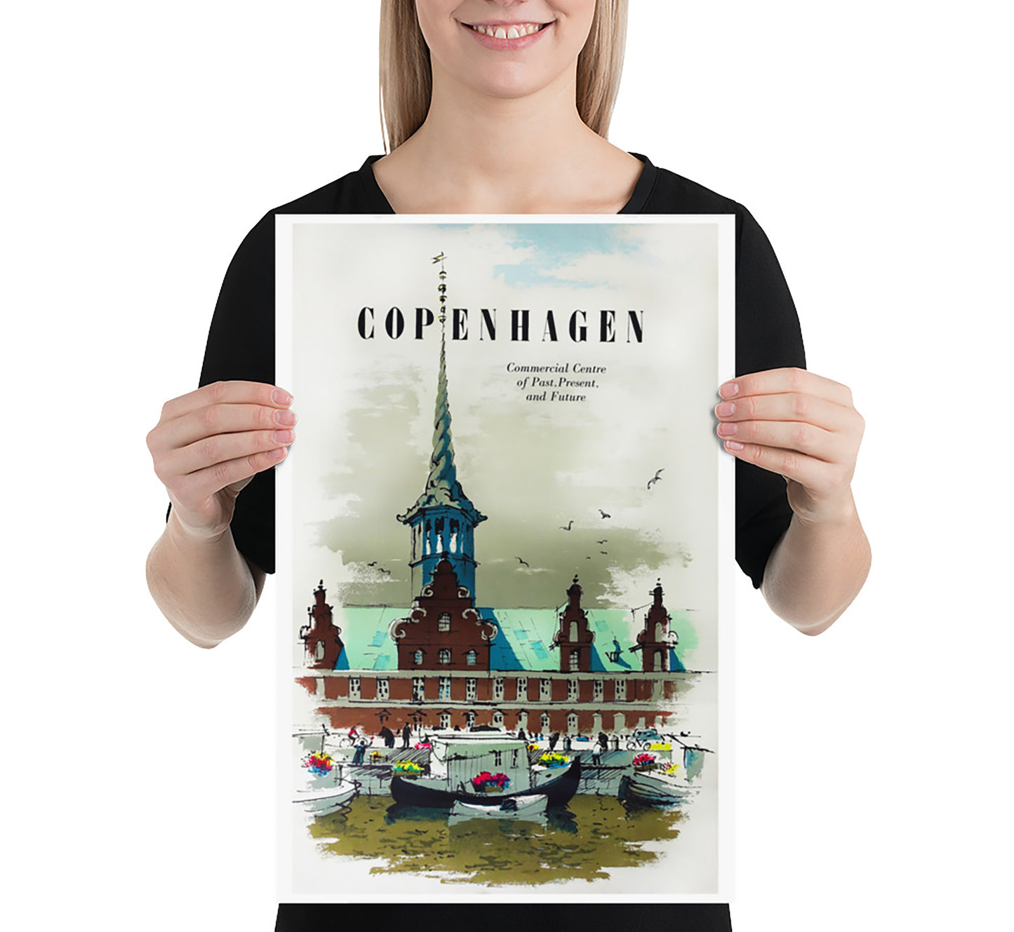 Copenhagen, Commercial center of past, present and future, Denmark vintage travel poster by unknown author, c. 1930s.