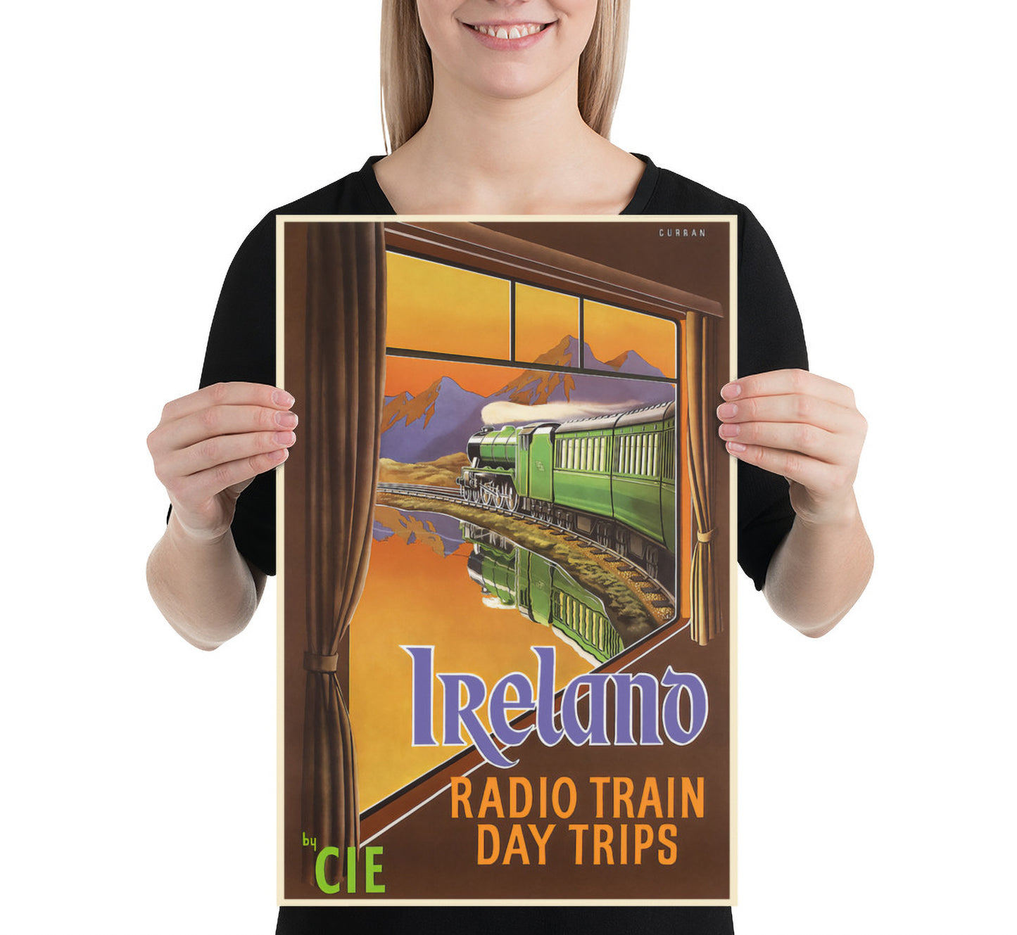 Ireland, Radio Train day trips by CIE vintage travel poster by Curran, 1910-1959.