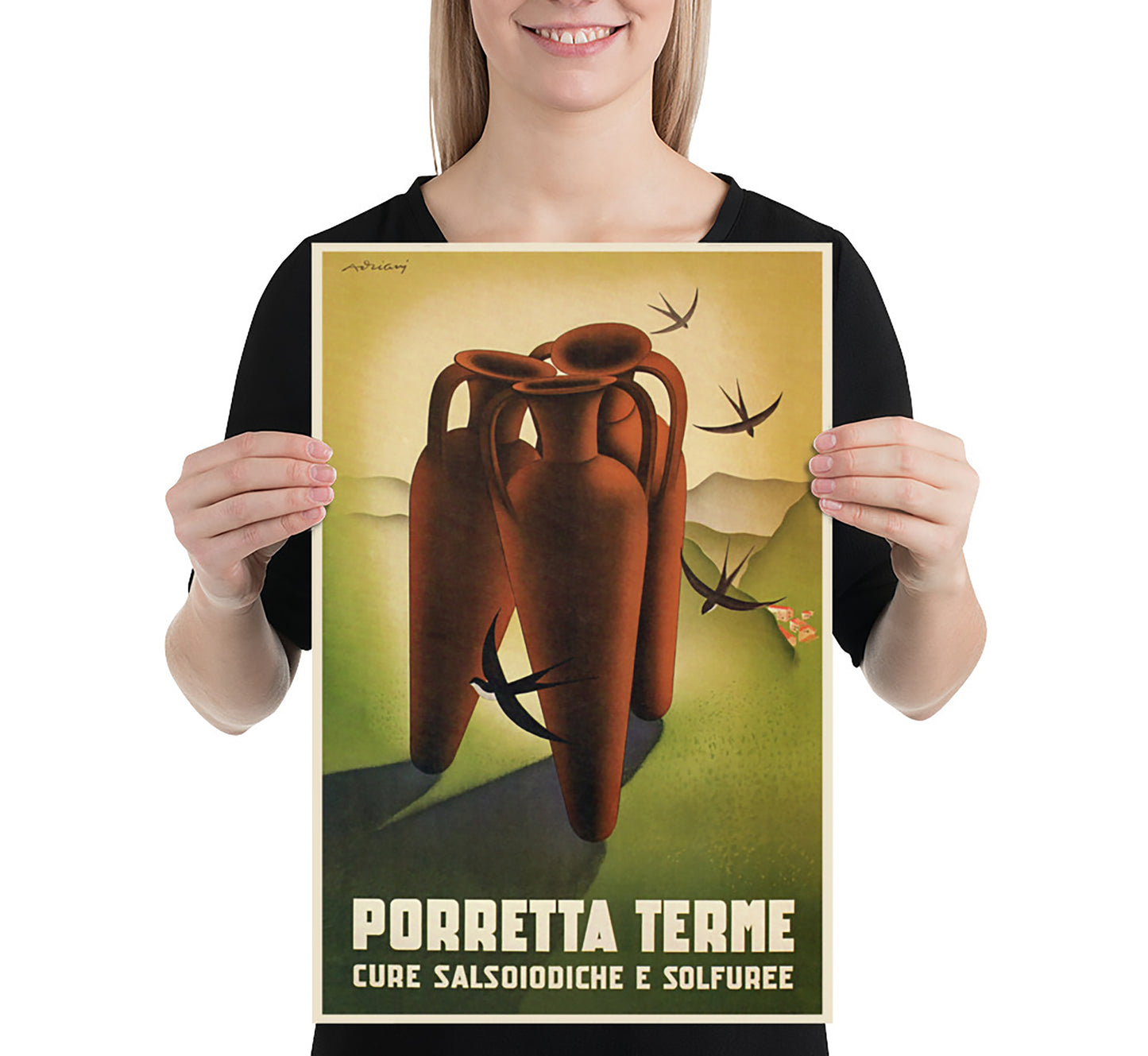 Porretta Terme, Reno Valley Tuscan-Emilian Apennine, Italy vintage travel poster by Avriany, 1930s.