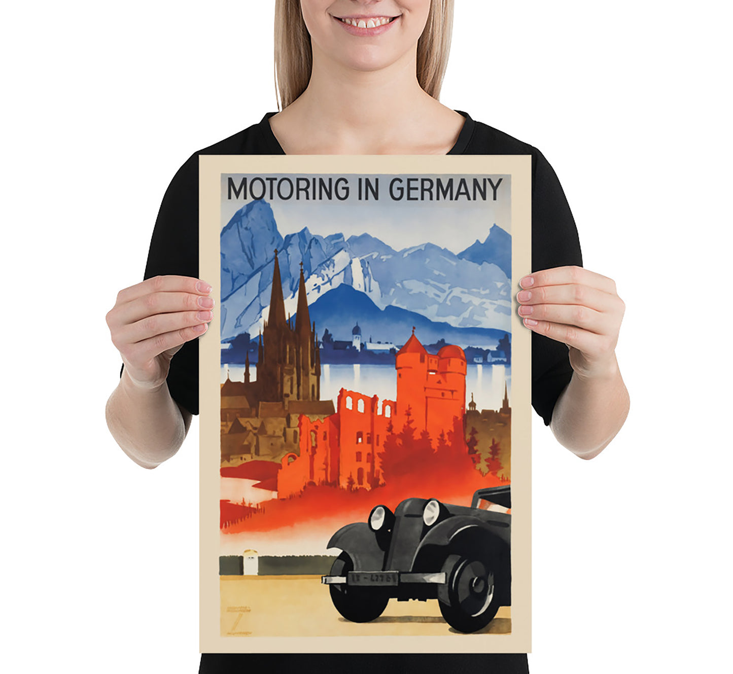 Motoring in Germany vintage travel poster by Ludwig Hohlwein, c. 1910-1959.