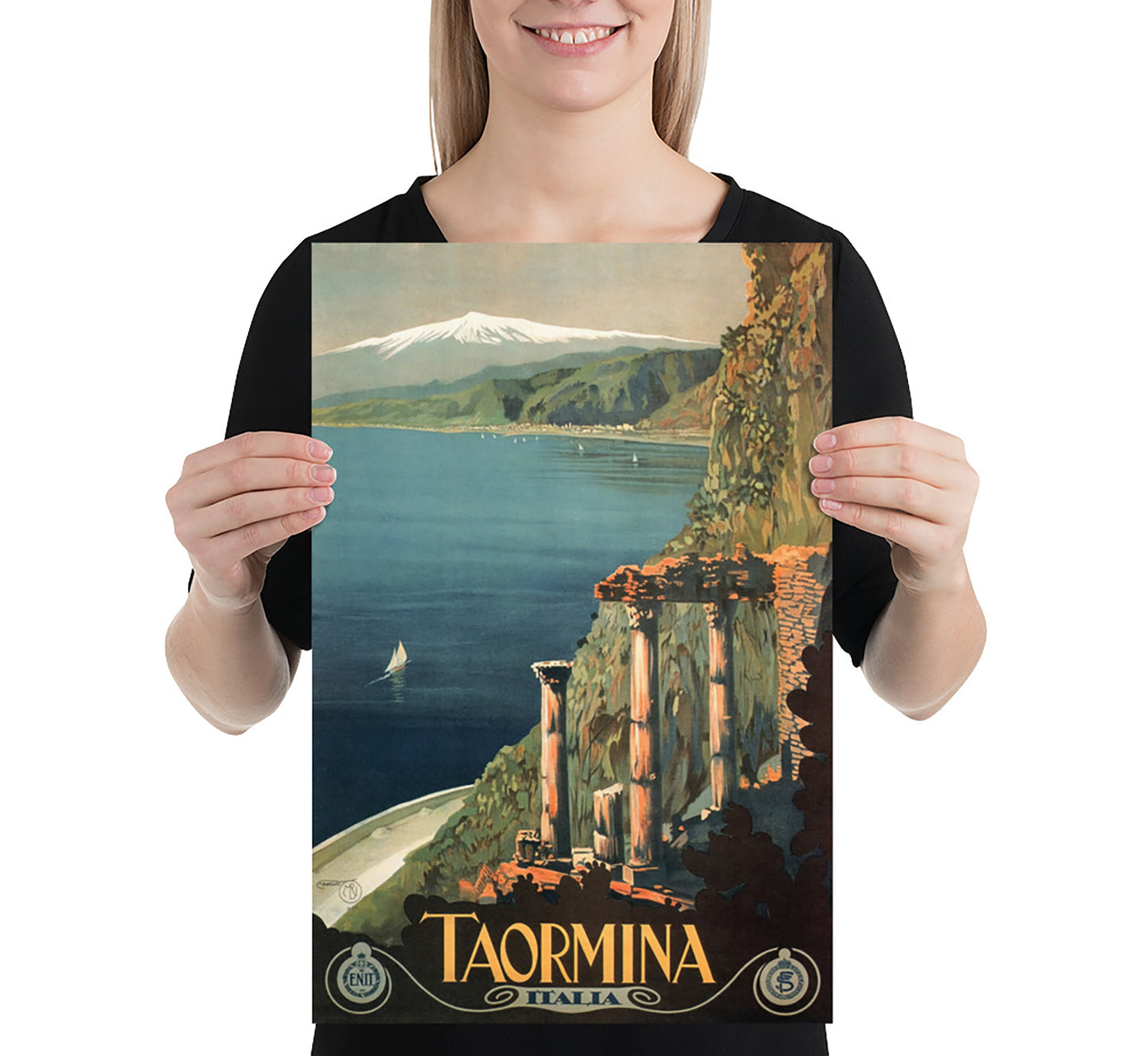 Taormina, Sicily, Italy vintage travel poster by Mario Borgoni, c. 1920s.