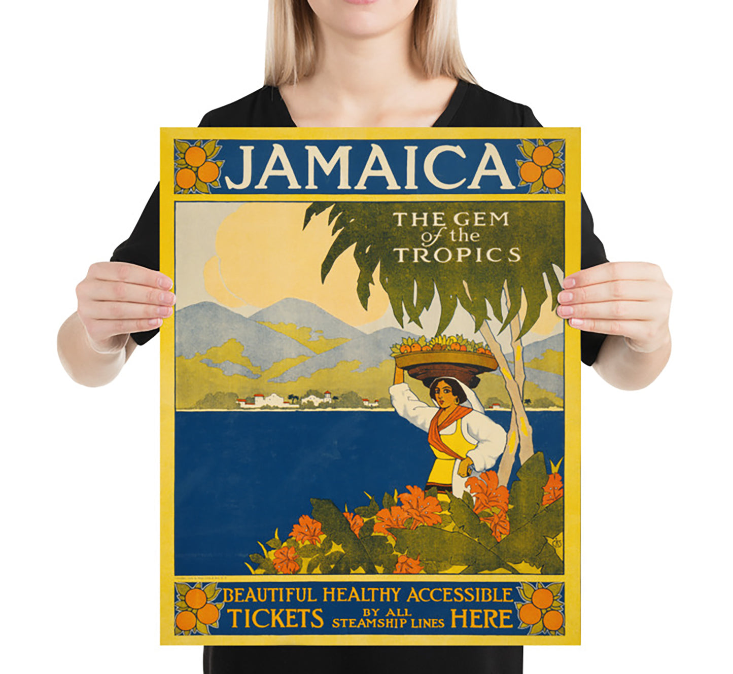 Woman carrying a fruit basket, Jamaica vintage travel poster by Thomas Cook, 1910.