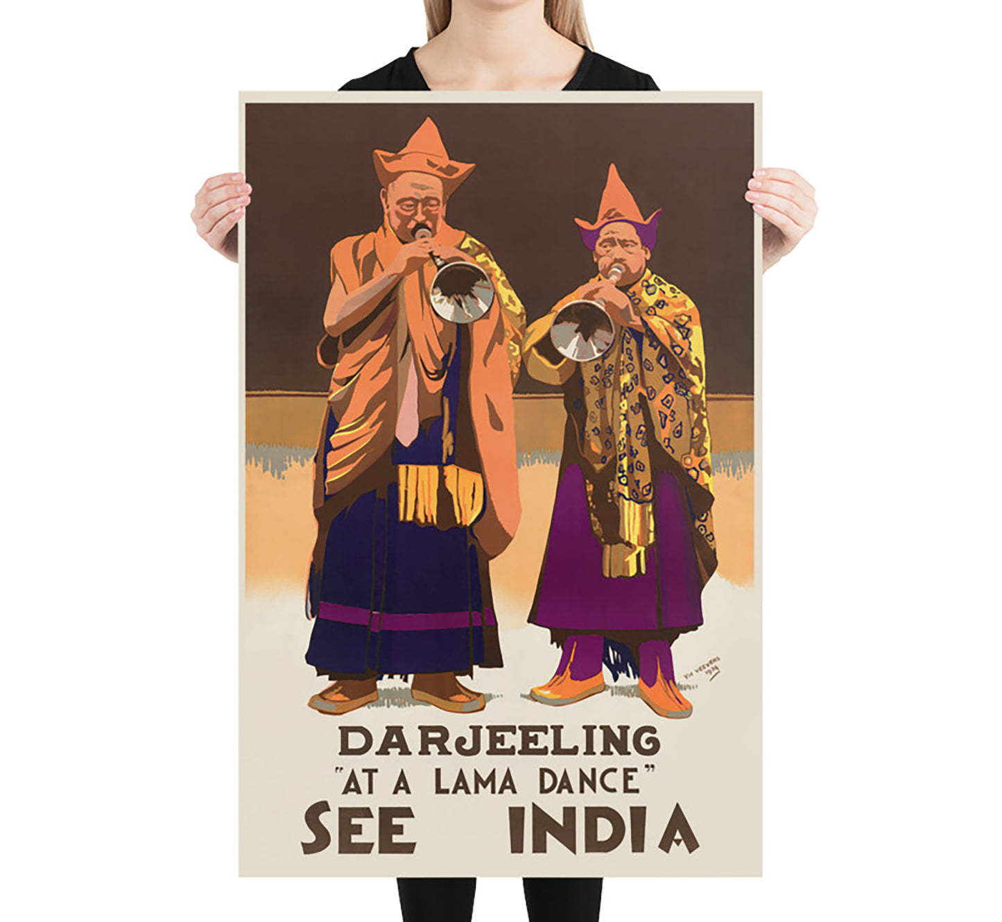 Darjeeling at a lama dance, See India vintage travel poster by Vic Veevers, 1934.