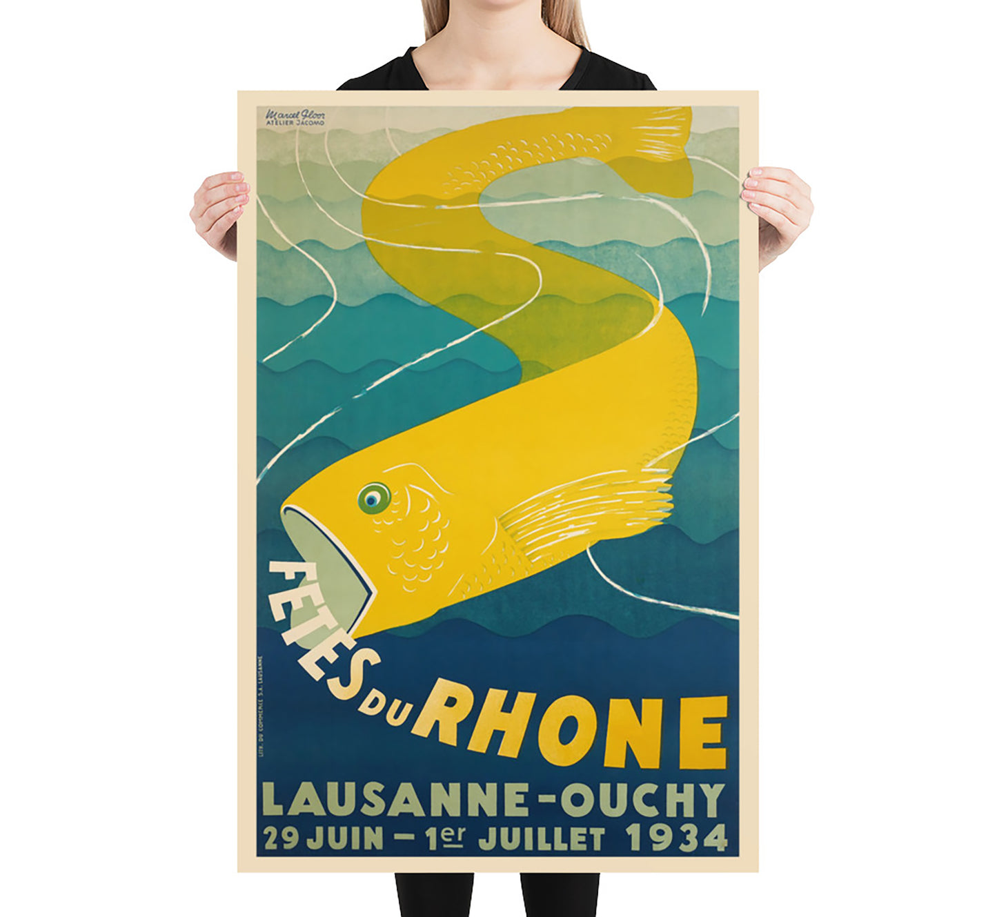 Rare Rhone Festival 1934 in Lausanne, Switzerland vintage travel poster by Marcel Gloor, 1934.