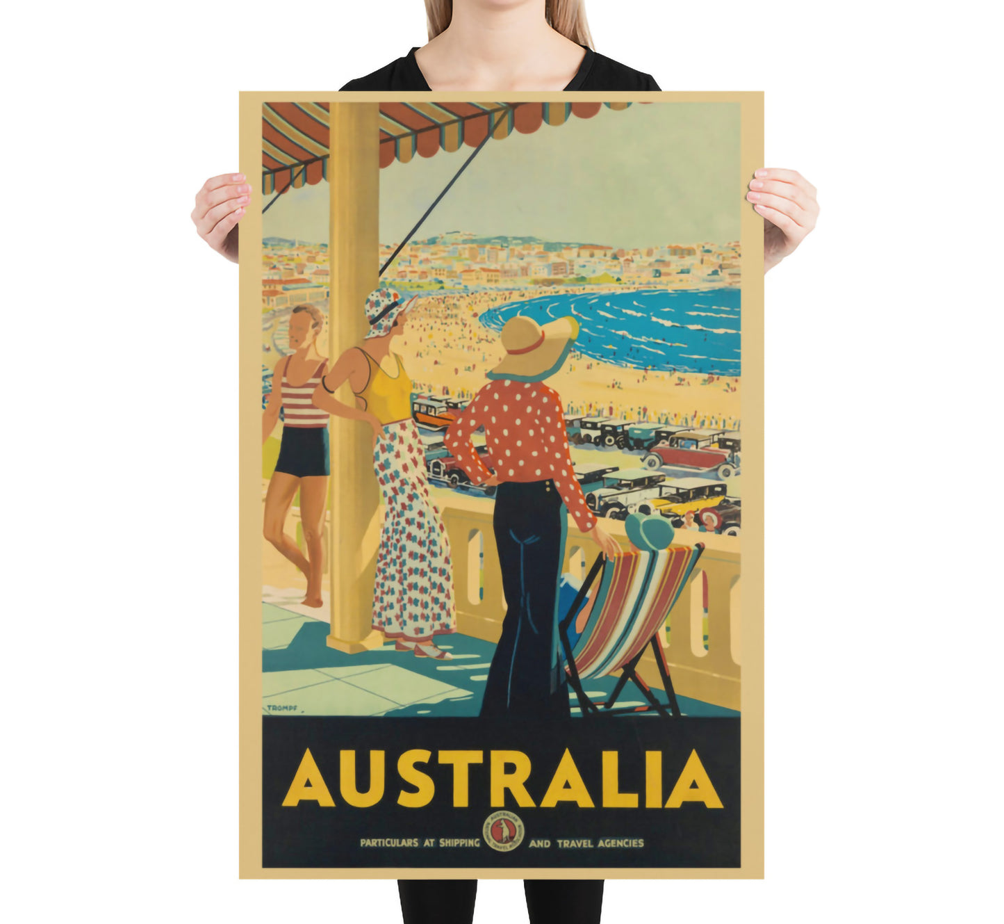 Australia beach vintage travel poster by unknown author, 1930s.