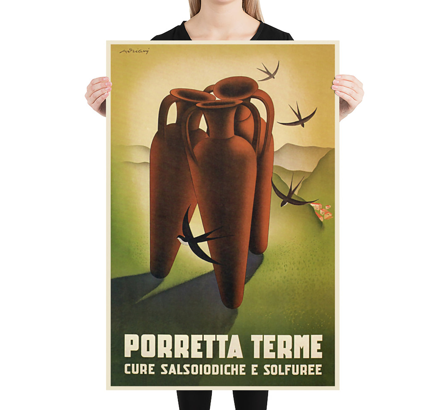 Porretta Terme, Reno Valley Tuscan-Emilian Apennine, Italy vintage travel poster by Avriany, 1930s.