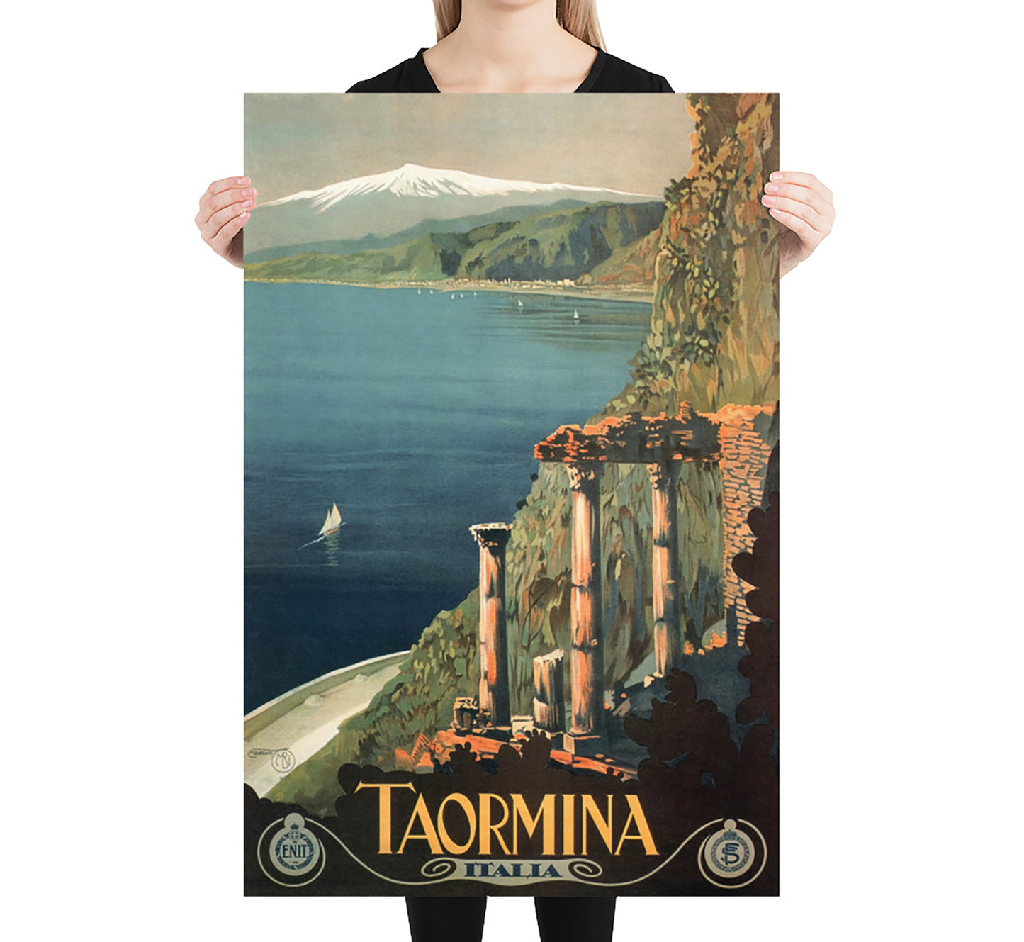 Taormina, Sicily, Italy vintage travel poster by Mario Borgoni, c. 1920s.