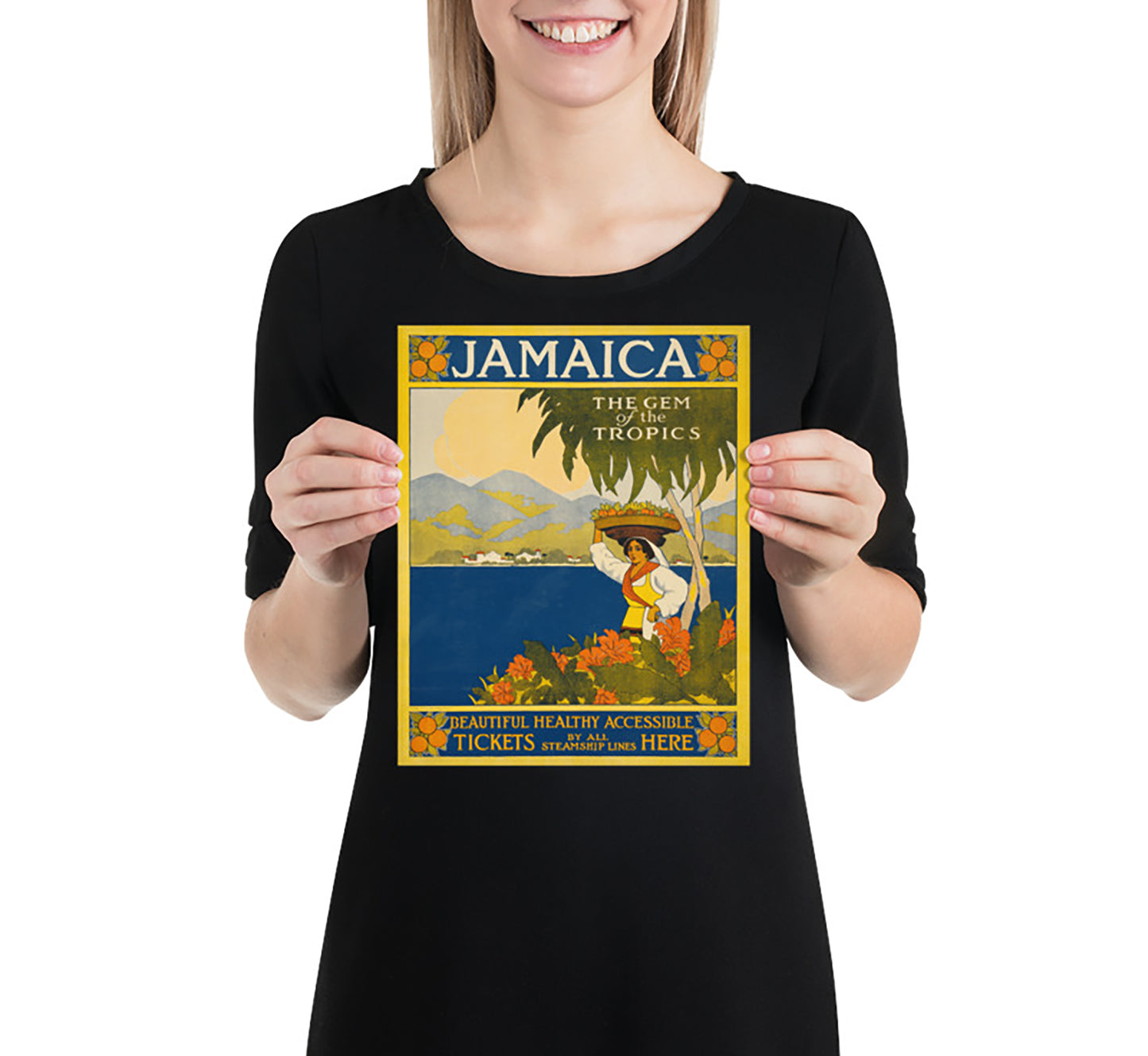 Woman carrying a fruit basket, Jamaica vintage travel poster by Thomas Cook, 1910.