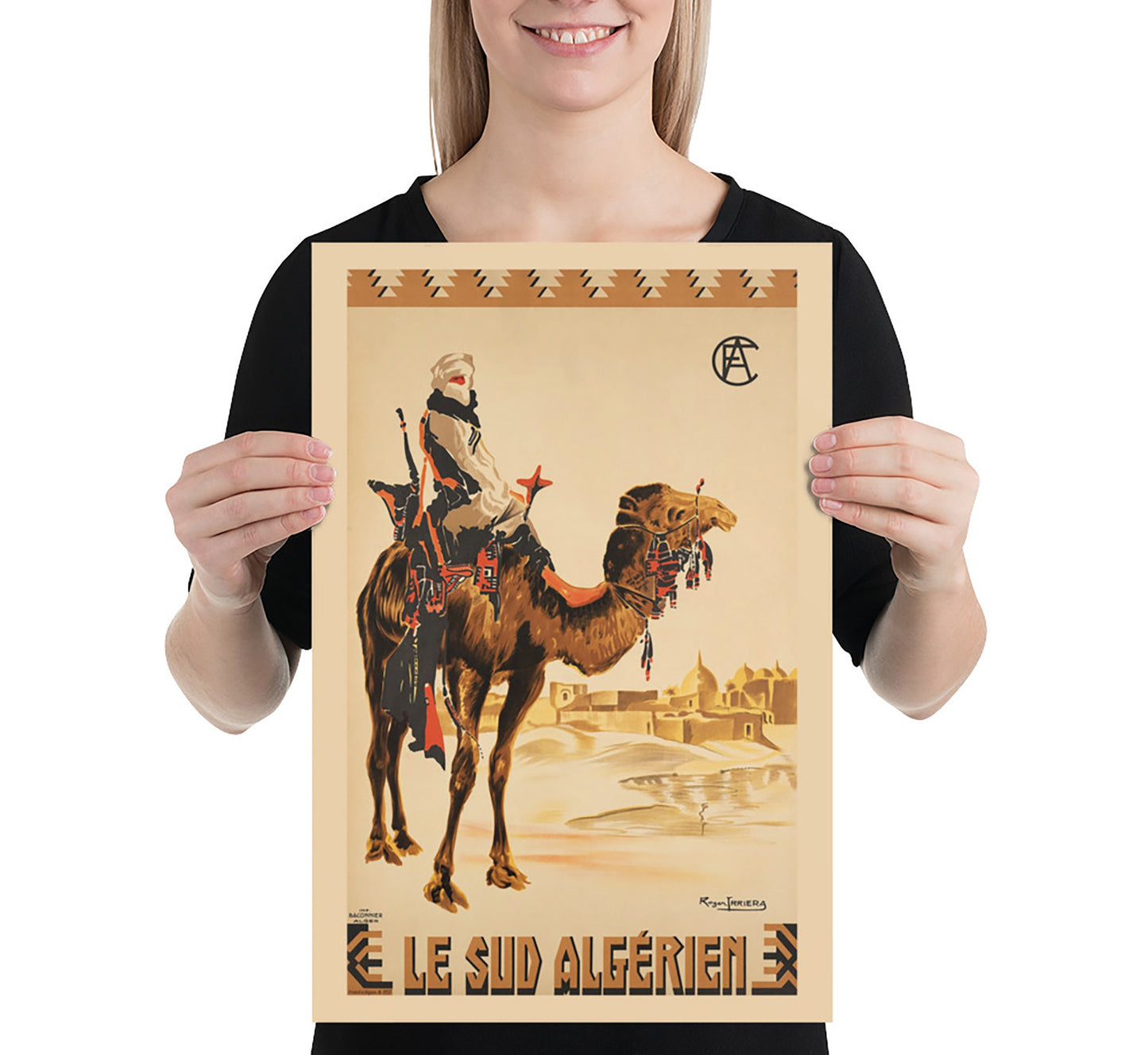 Bedouin on Camel, Algeria vintage travel poster by Roger J. Irriera, 1937.