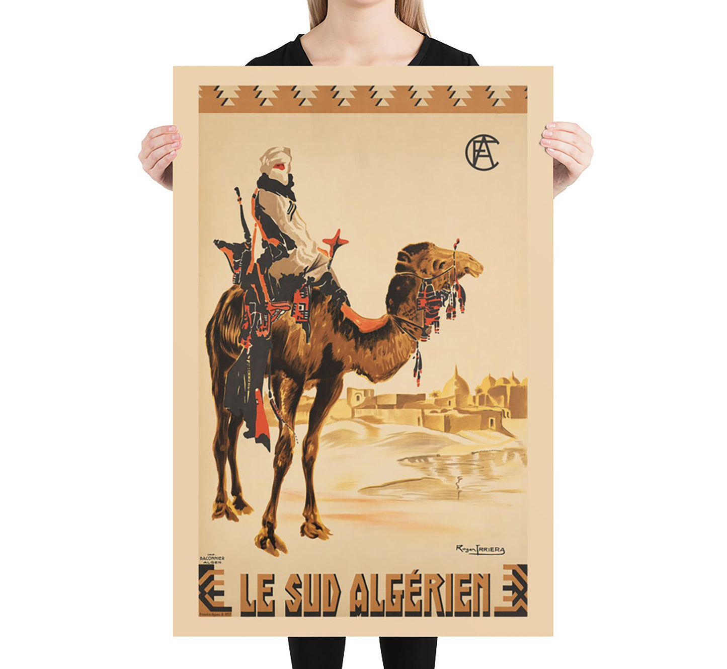 Bedouin on Camel, Algeria vintage travel poster by Roger J. Irriera, 1937.